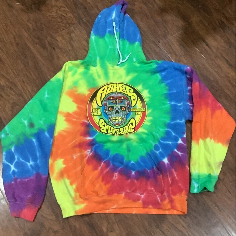 Gildan Hoodie Tie Dye Hippy L RARE Ashes Smoke shop Old Town Louisville Tx